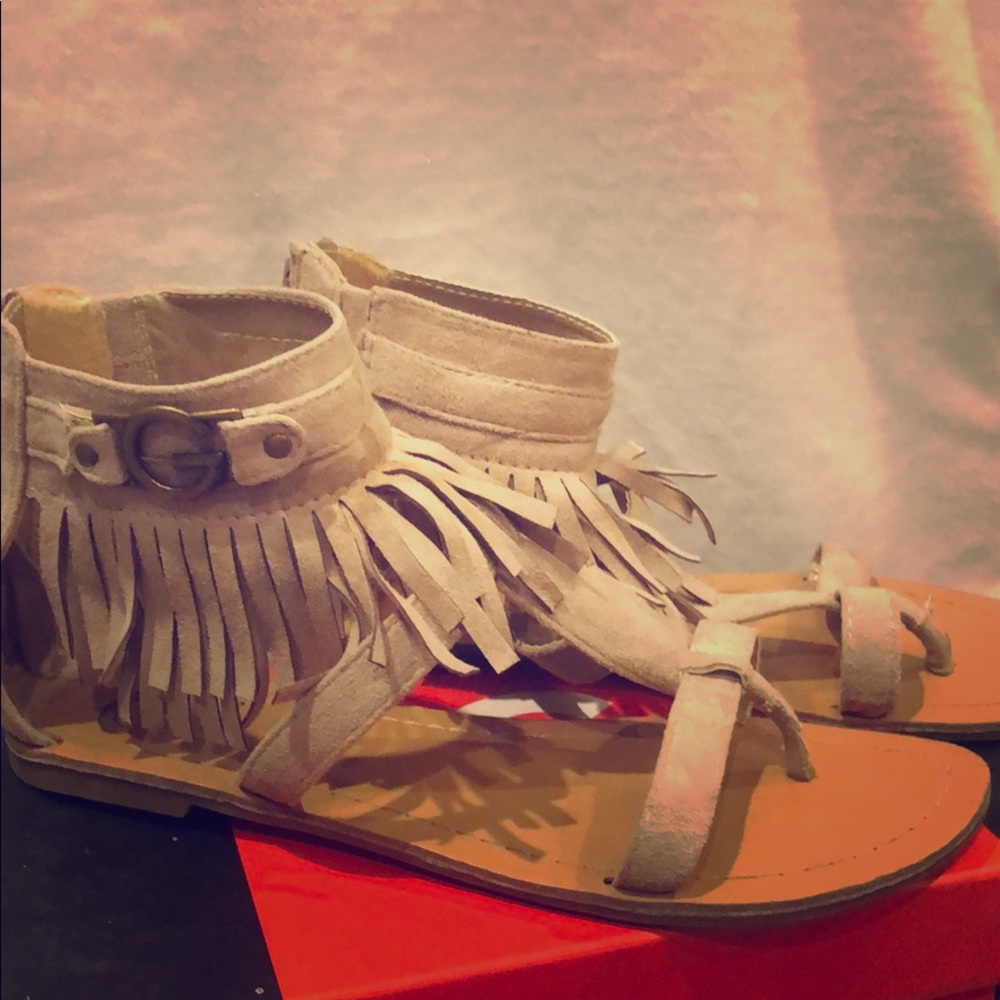 G by Guess light natural fabric fringe sandal